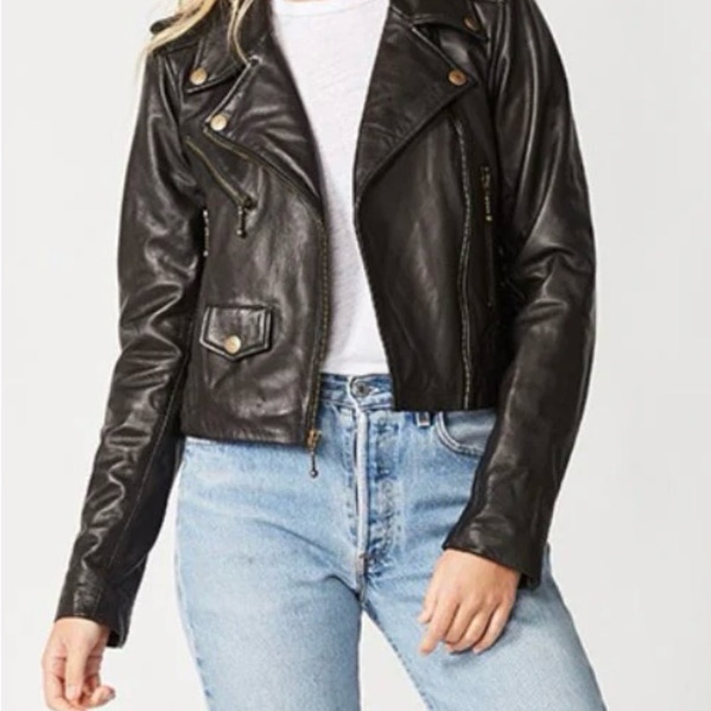 Women's Black Leather Moto Jacket with Quilted Panels